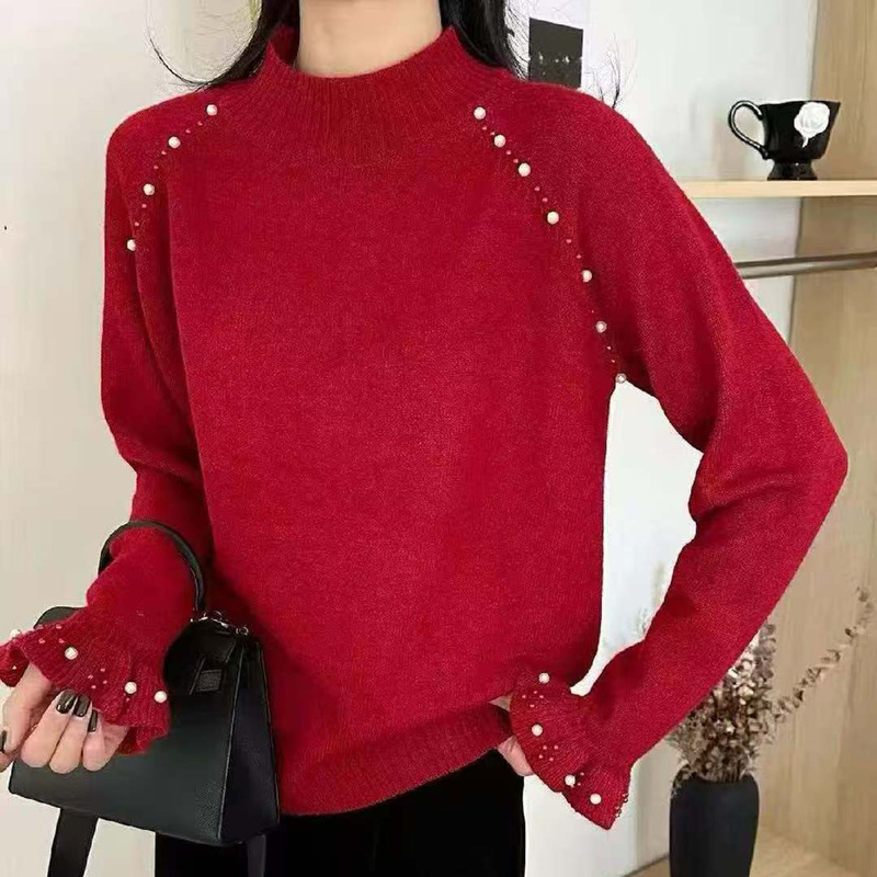 Heavy Beaded Lace Sleeve Half-High Collar Sweater, Autumn and Winter Fairy-Style Gentle Knitwear for Women with a Sense of Design