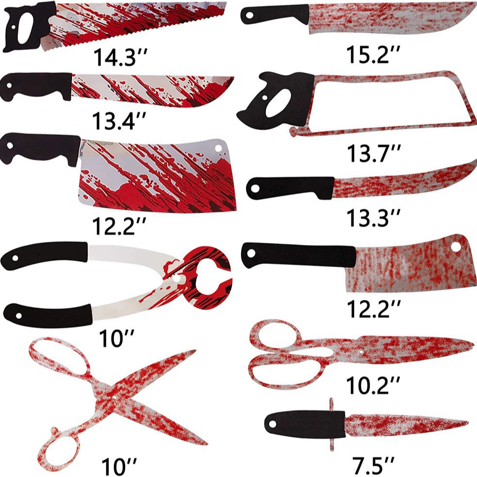 Halloween PVC hanging decorations — blood knife garland, severed hands/feet, stickers and warning tape
