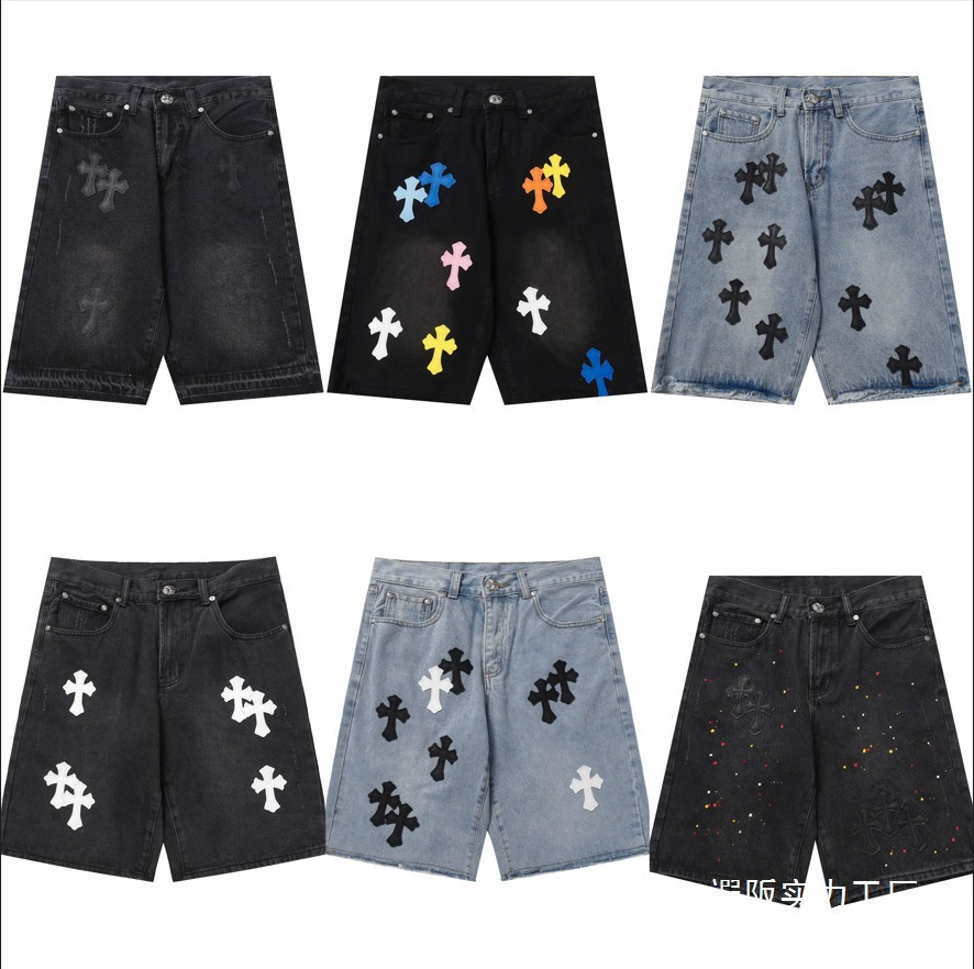 24SS High Street Tide Brand вымытые старое ретро-крест лоскутные прямые повседневные мужские джинсовые шорты оптом