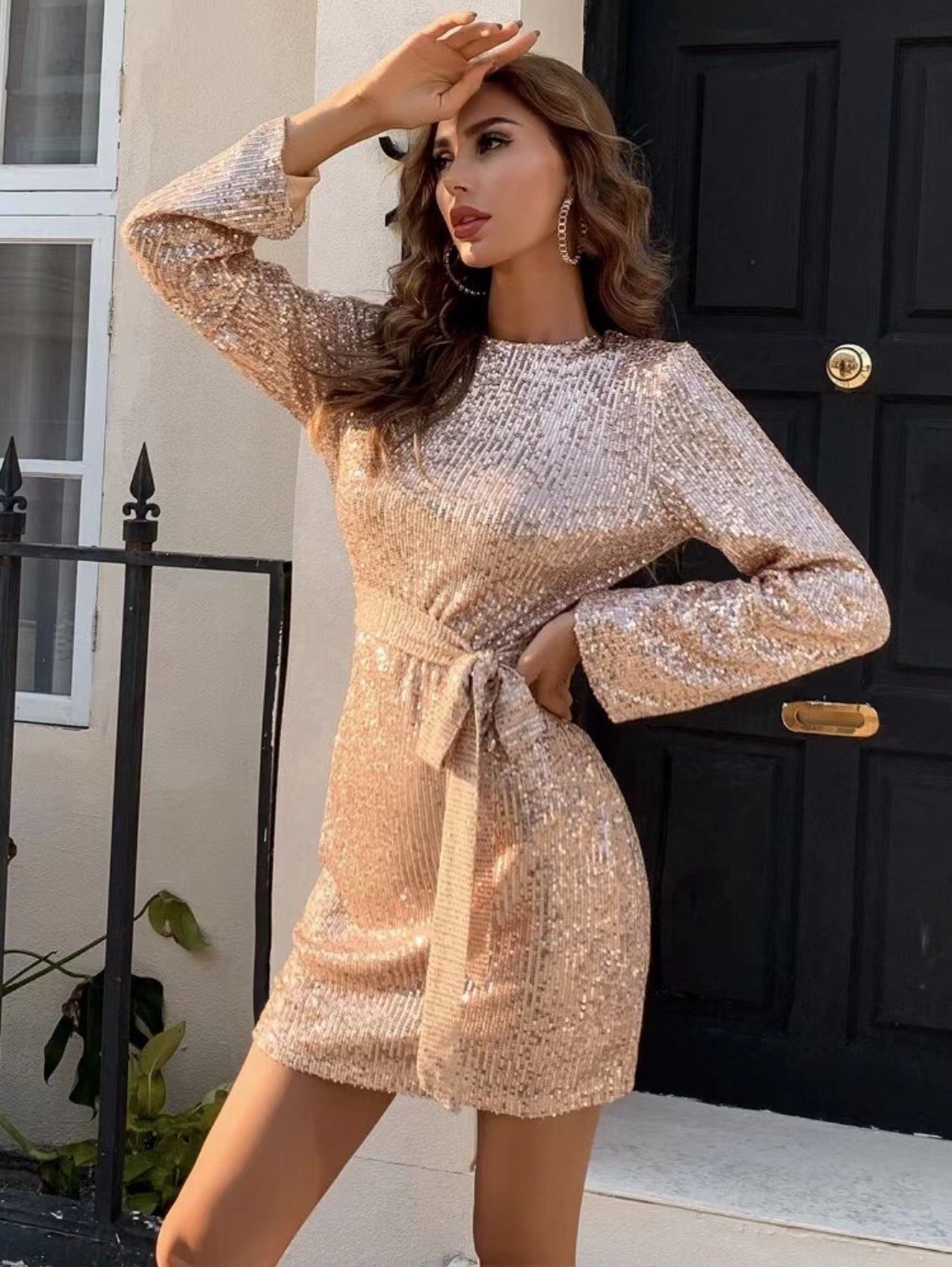 Women's Clothing evening dress golden slim slim lace up waist long sleeved sequined backless dress_voghion.com