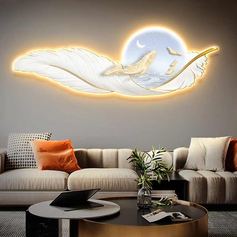 Pluma LED luminoso cuelga pintura de fondo sofá sala de estar pintura de pared escultura pintura decorativa mural de cabezal de cama moderna