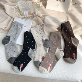 袜子女秋冬新品加厚保暖后跟猫咪中筒袜女袜柔软堆堆袜搭配勃肯鞋