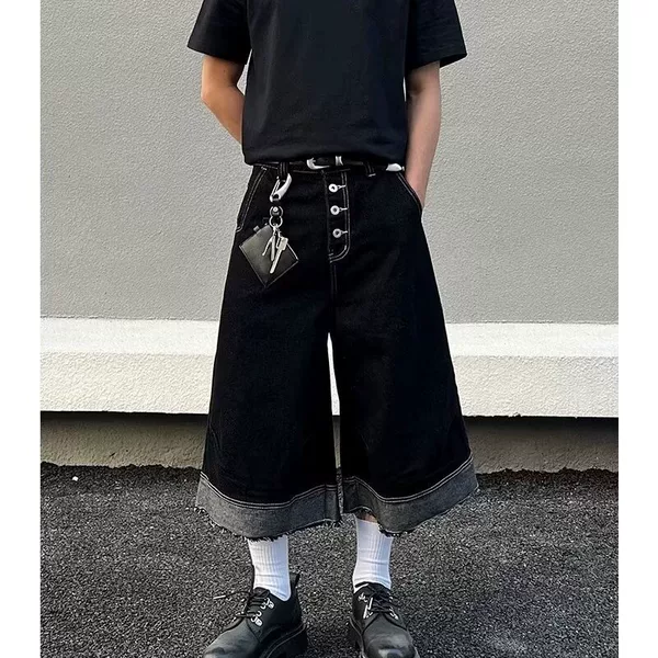 [Exclusively for Cross-Border Export] American Retro Multi-Button Design Cropped Jeans for Men, Loose Wide-Leg Shorts