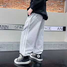 条纹拼色撞边裤子儿童春夏美式高街潮牌直筒宽松阔腿垂感休闲长裤