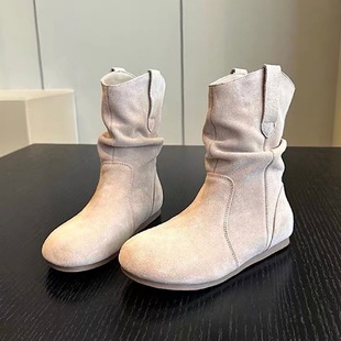 Genuine Leather ~ Retro Flat Short Boots Women's Western Boots Autumn and Winter Sleeve Round Head Stack Boots Slimming Short Boots Women's Boots