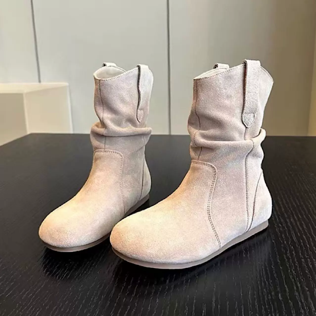 真皮款~复古平底短靴女西部靴秋冬套筒圆头堆堆靴显瘦短筒女靴子