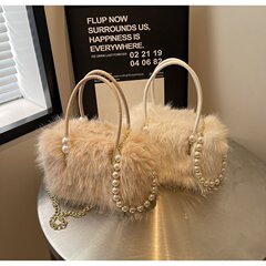 Cozy and Luxurious Fall/Winter Faux Fur Fashion Trend Hand-held Shoulder Bag with Pearl Chain Strap Small Square Commuter Bag for Women