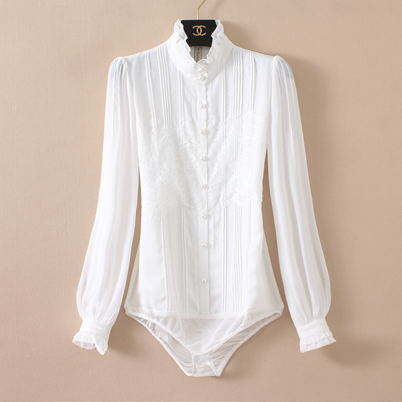 Brand long-sleeved conjoined shirt with crotch elegant Ming Yuan aura lace lantern sleeve high-class shirt white