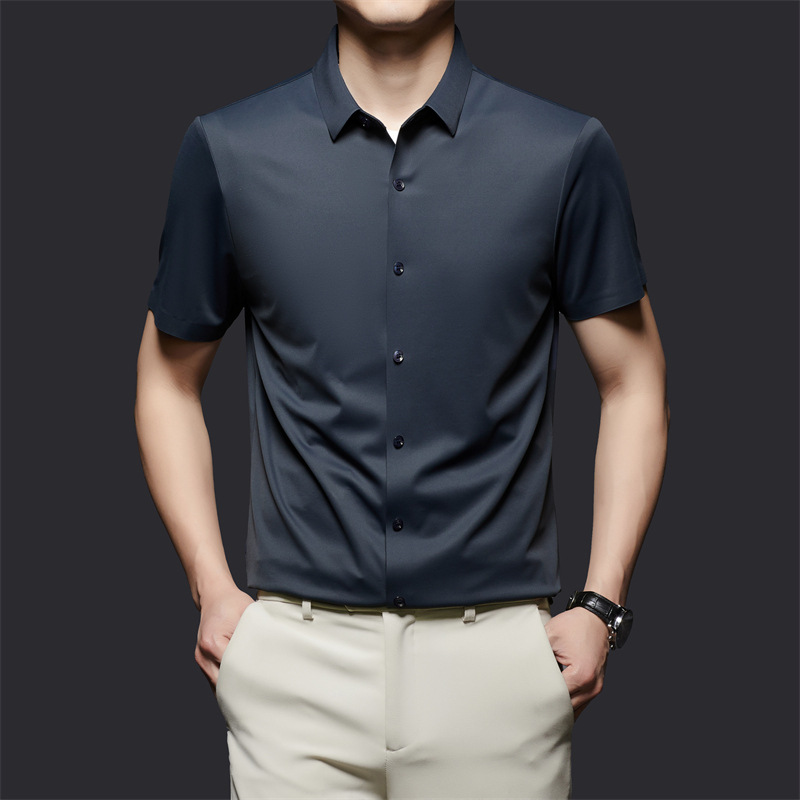 Mulberry Silk Short-sleeved Shirt Men's Summer New Lapel Solid Color Traceless High-end Light Luxury Business Men's Short-sleeved Shirt