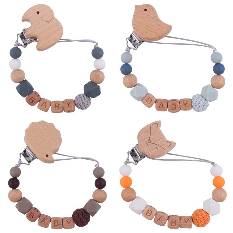 Nuevo bebé suministros de dibujos animados animal haya chupete clip calmante bebé DIY nombre chupete de silicona anti-gota cadena