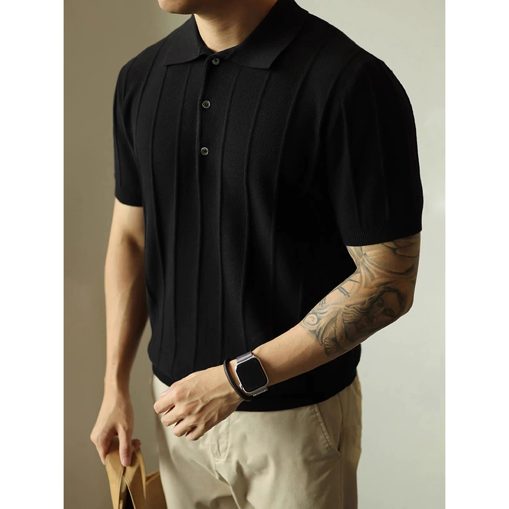 Жаккардовый ретро вязаный рубашка POLOO с короткими рукавами мужской 2025 новый американский стиль футболка легкий и зрелый цвет базовый топ