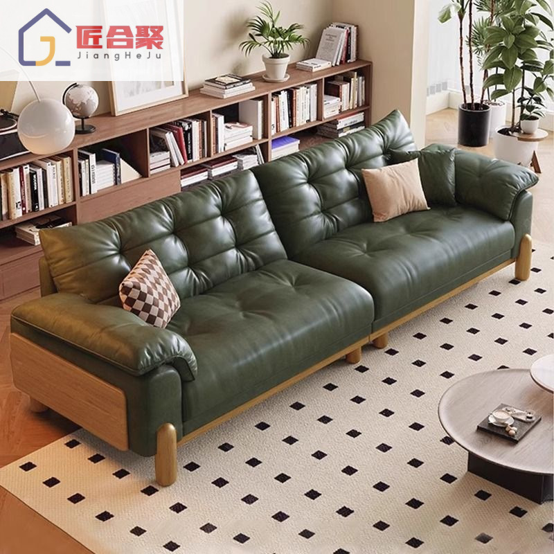 Vintage Cloud Genuine Leather Sofa for Living Room, Simple Small Apartment Oil Wax Leather Sofa, Dark Green First Layer Cowhide Straight Row Sofa
