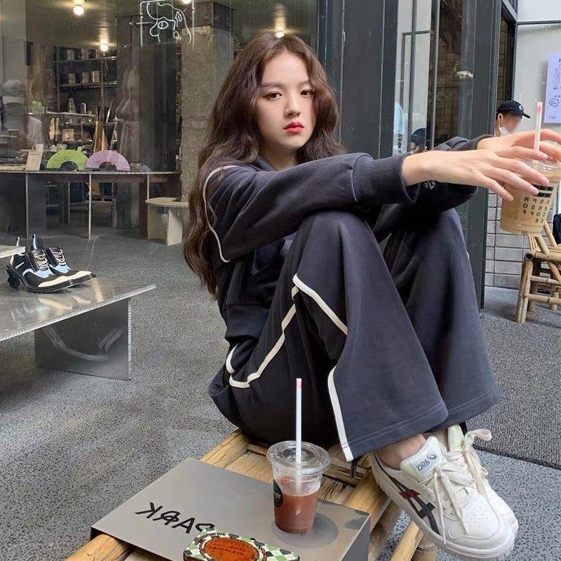 ActiveGo Sports Casual Suit Women Autumn Winter 2024 New Fashion Hong Kong Style Retro Wide Leg Pants Sweatshirt Two Piece Set_desvips.com