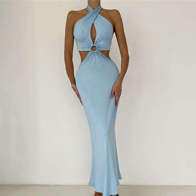 Europäisches und amerikanisches Sommerkleid, sexy Mode, Patchwork, Neckholder, offener Rücken, langer Rock_voghion.com