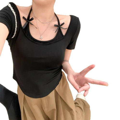 5095# Summer new style bow fake two-piece halter neck tie short sleeve T-shirt for women sweet hot girls slim curved short style