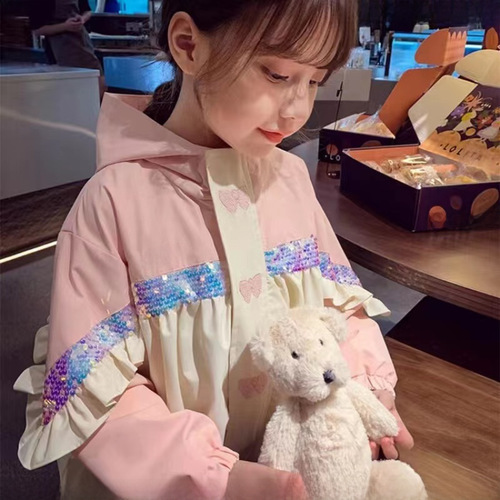 Live stream new girls' Korean autumn new sequin bow bud coat for middle-aged children, sweet hooded jacket