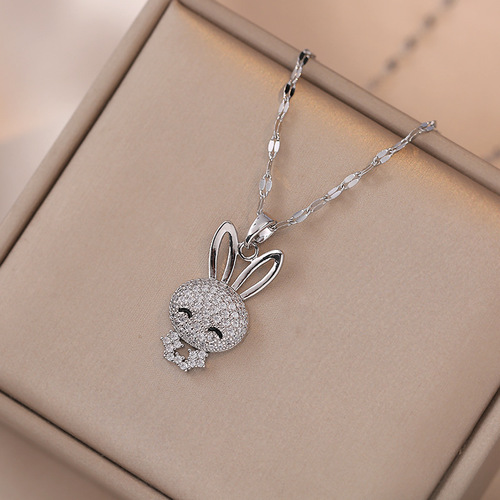 Gemstone Rabbit Necklace Live Stream Unique Design Light Luxury Fully Diamond Micro pave Copper Plated Real Gold Pendant Instagram Necklace