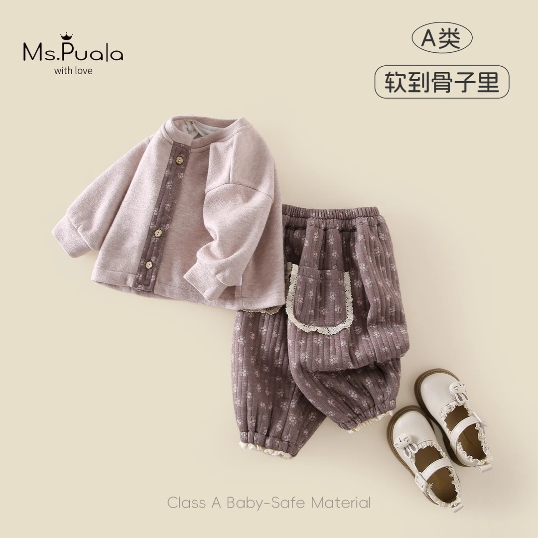 Autumn and Winter New Style Star Dai Zi Infant Category a Children's Clothing Suit Little Girl Brushed Low-Neck Jacket Casual Pants Two-Piece Set