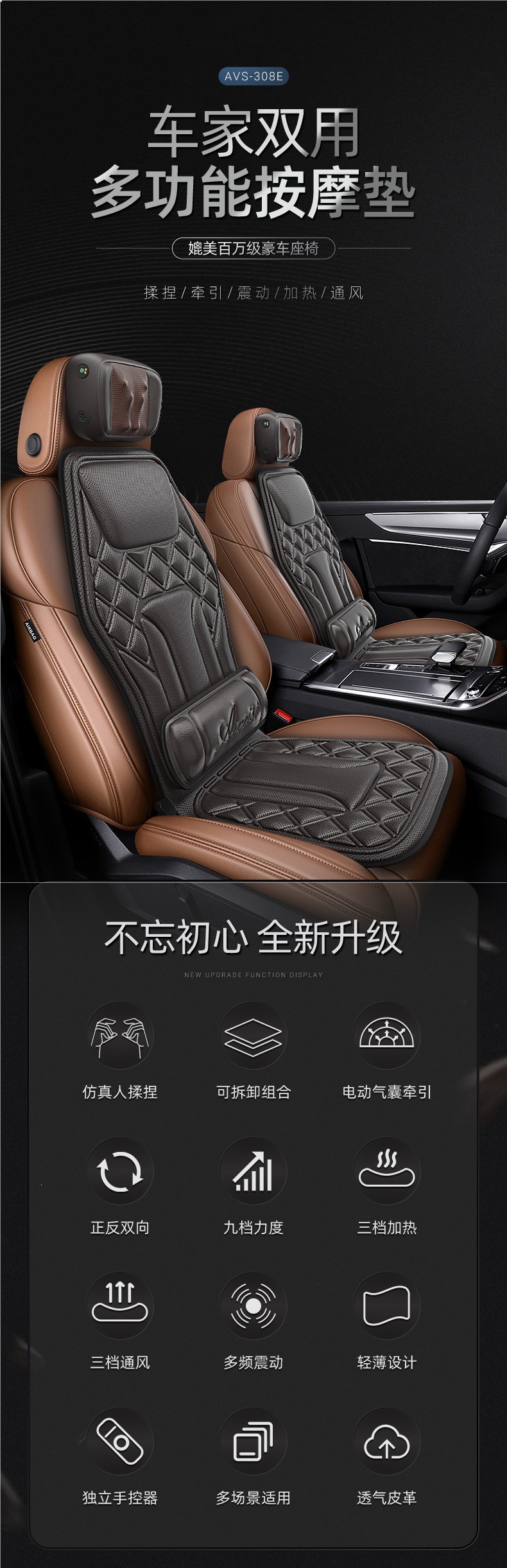 Dual-use massage cushion for car and home, cervical spine kneading massage, heated electric waist support, car seat ventilation backrest massager