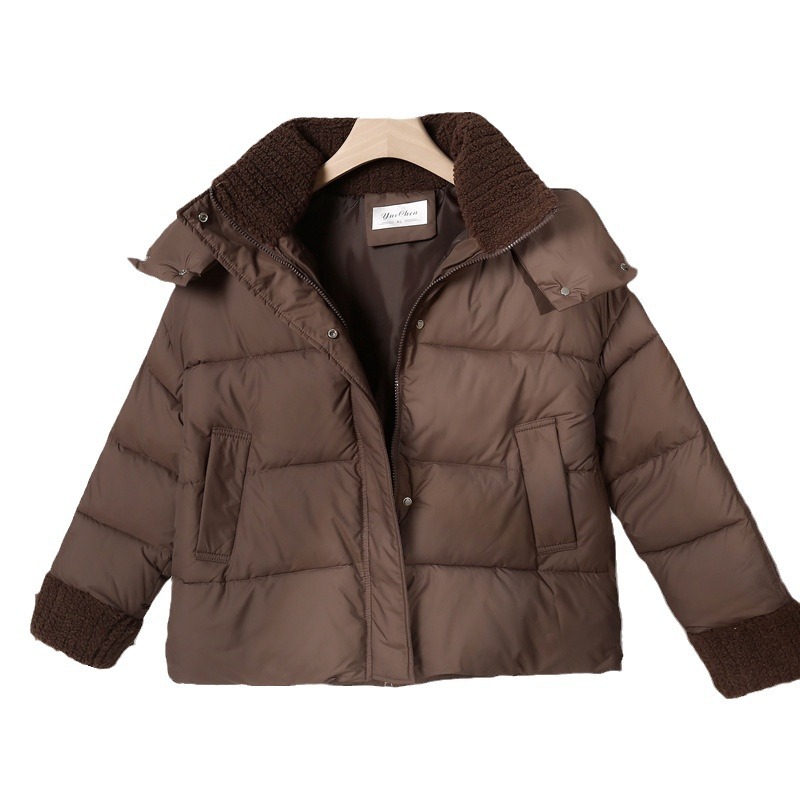 Moda europea y americana con capuzas de algodón grueso para mujeres 2024 invierno nuevo tipo de peluche suelto chaqueta de pan de algodón para mujeres