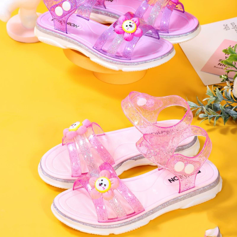 Летние пластиковые сандалии для девочек, обувь с цветочным принтом Crystal Princess, обувь для средних и больших детей 5-8-14 лет, нескользящая Желейная обувь с мягкой подошвой
