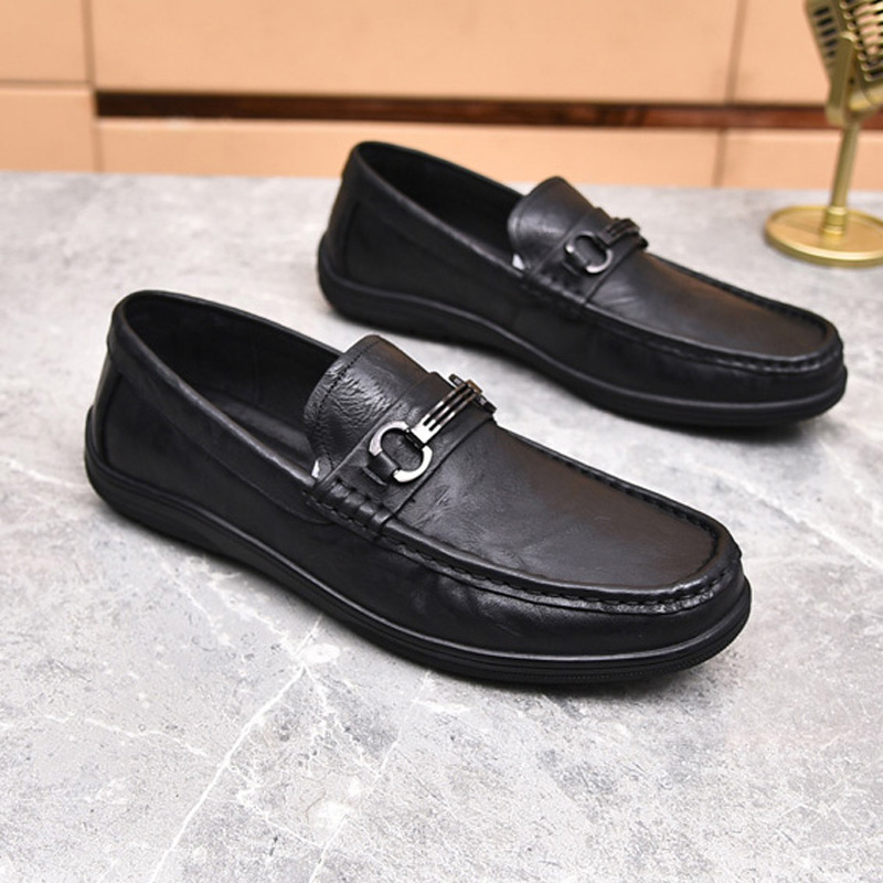 Primera capa de piel de vaca zapatos de cuero de los hombres de superficie suave de conducción zapatos casuales patrón de agarre de la mano slip-on zapatos de guisantes zapatos papá