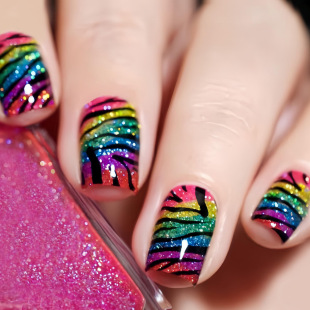 European and American Hot-Selling Chinese-Style Rainbow Stripes Contrasting Fake Nails Flashing Zebra Pattern Wearable Manicure Stickers Nails