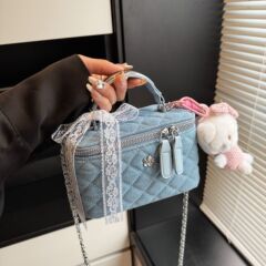国境を越えた女性バッグの新型高級感小香風菱格チェーンハンドバッグデニム化粧箱バッグ