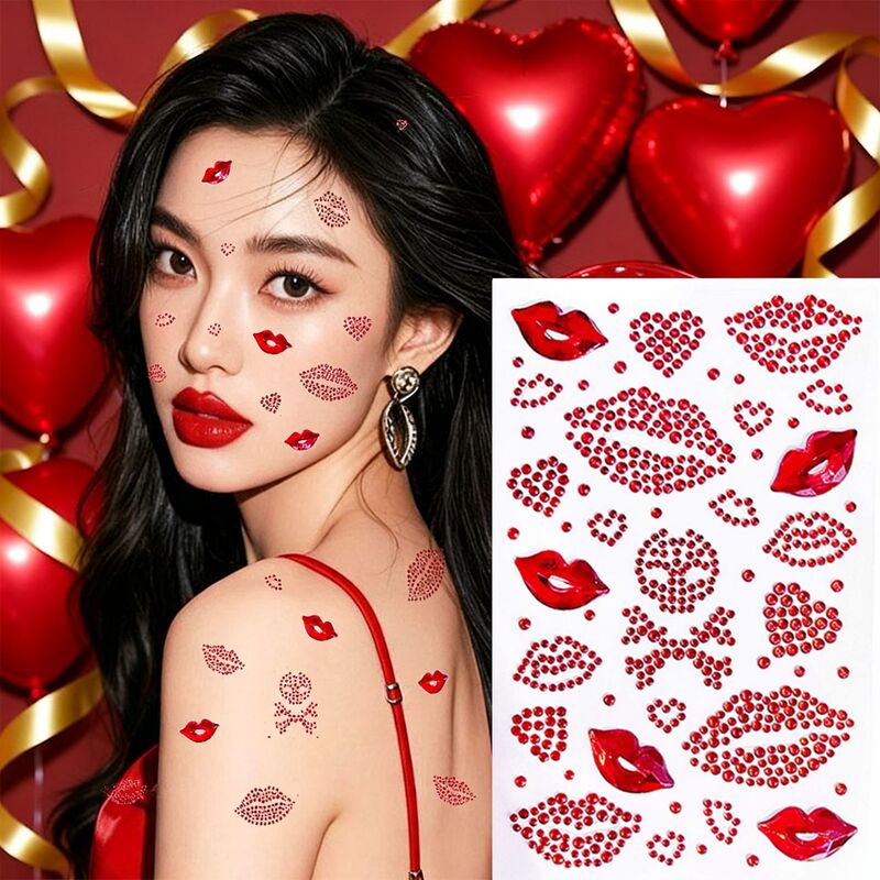 Cross-Border Red Lips Diamond Stickers Valentine's Day Atmosphere Lip Print Couple Makeup Lips Kiss Temporary Tattoo Stickers