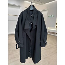新品感气质无扣风衣女中长款新款小个子休闲宽松廓形大衣外套黑色