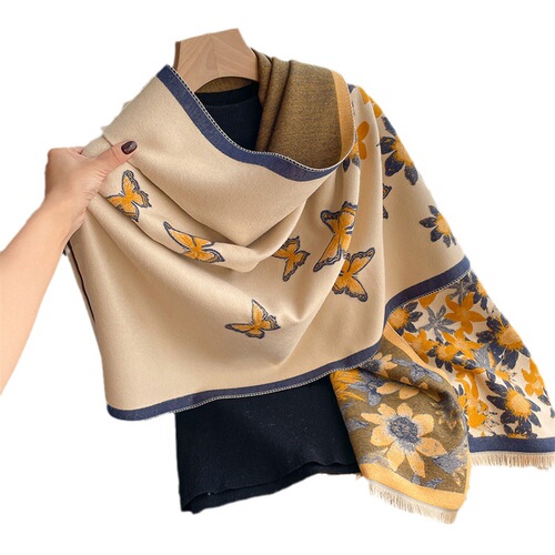 Elegant socialite butterfly flower print scarf for women thickened warm imitation cashmere scarf double-sided versatile shawl