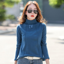 2021冬季新款加绒加厚修身刺绣德绒长袖女士半高领打底衫一件代发