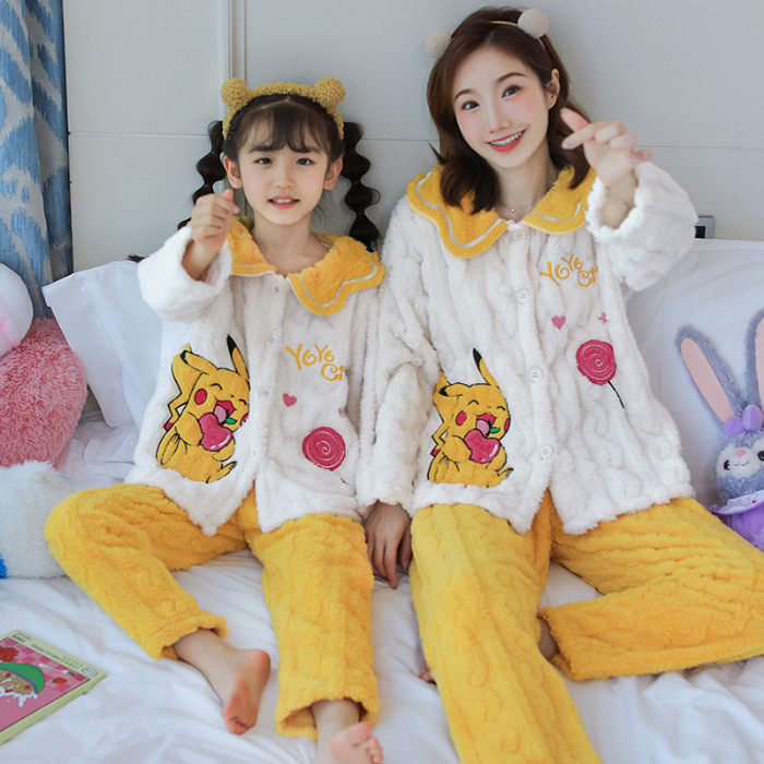 Pajamas para padres e hijos niñas de franela otoño e invierno espesar coral terciopelo dibujos animados niñas ropa para el hogar set madre e hija