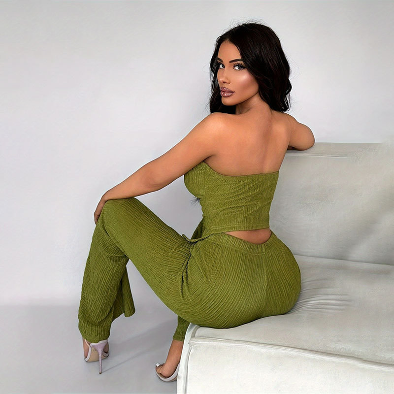Women Stretch Fastener Decoration Tube Top Flared Casual Pants Suit Summer Two Piece High Grade Women Clothing