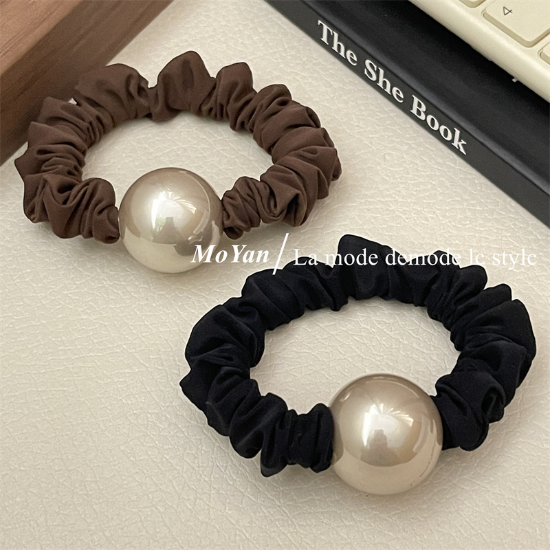 Elegant champagne big pearl hair rope small intestine hair band thick rubber band female ponytail hair tie rope low ball hair accessories
