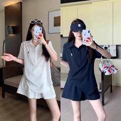 2025大码女装夏季新款时尚宽松套装短袖衬衣短裤两件套