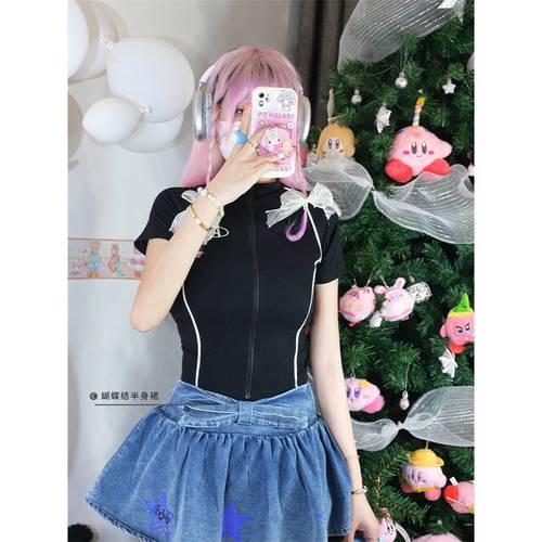 Cross-border wholesale hot girl figure-hugging black zipper short-sleeve top versatile new white line slimming T-shirt