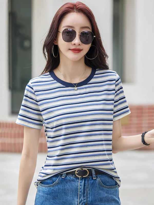 ストライプ半袖新作Tシャツ大きいサイズゆったり夏スリムラウンドネック韓国風右肩ファッション万能婦人服|undefined
