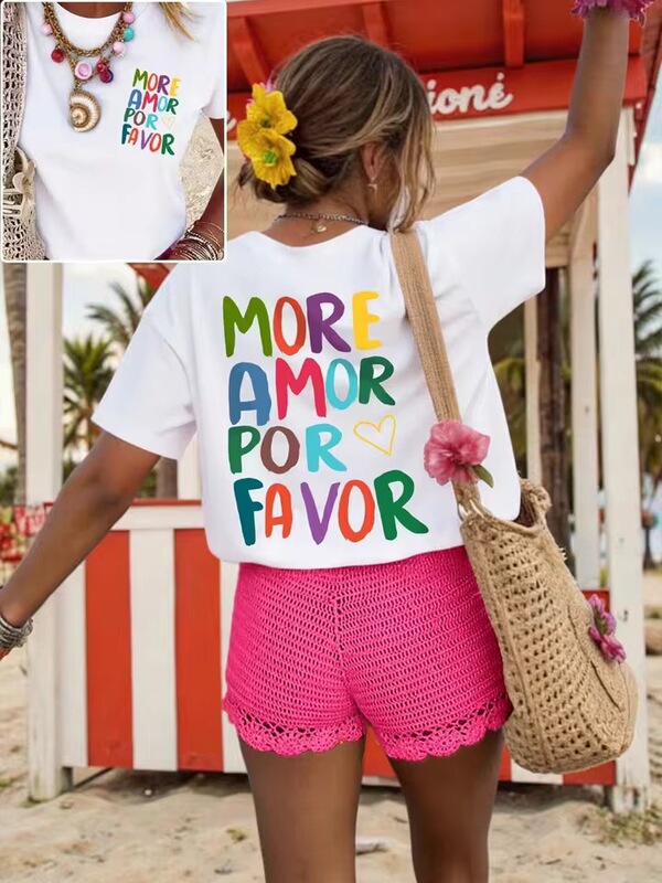 More Dopamine Shirts That Are Favored by Lovers, with Letter and Heart Prints, Casual Loose Streetwear for Everyday Wear