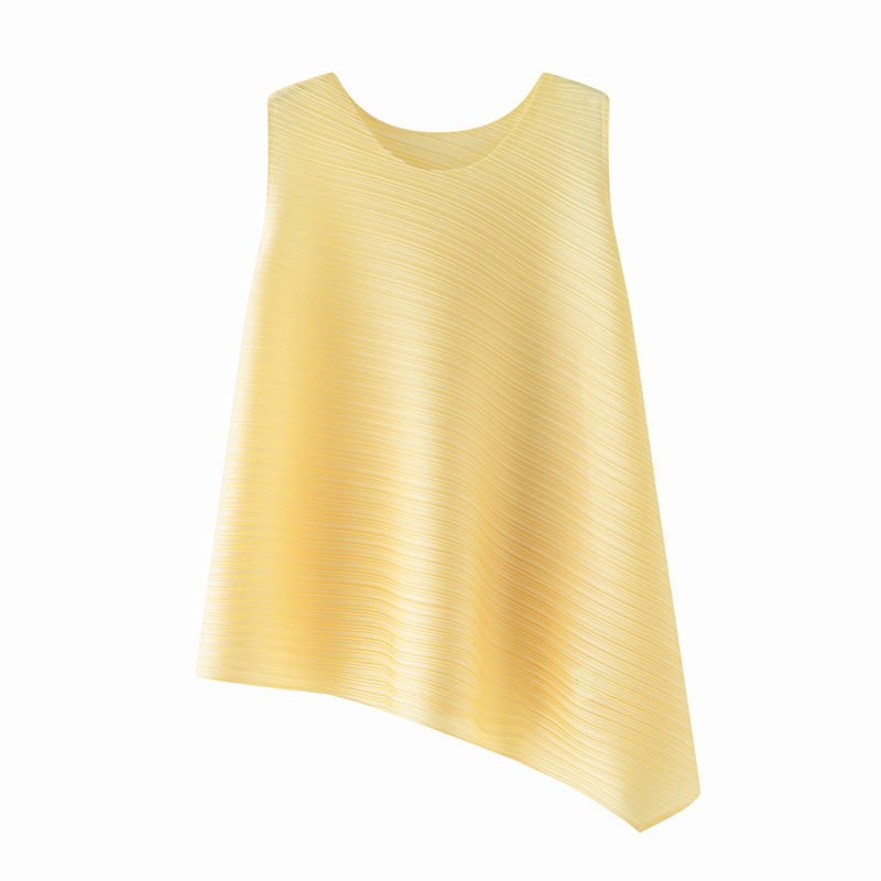 Miyake Pure Color Pleated Top Sleeveless Wide Swing Vest Slimming Look Belly-Covering Baby Doll Shirt Summer New Design T-Shirt for Women