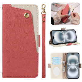 适用iPhone17ProMax手机壳苹果16女款皮套15荔枝纹挂绳翻盖保护套