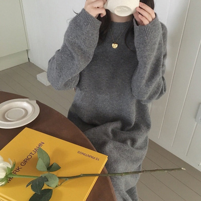 100 Pure Wool Dress Loose Lazy Style Wool Skirt Women's Round Neck Long Knee-Length Skirt Autumn and Winter New Trend