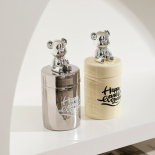Light Luxury Milk Yellow Silver Bear Toothpick Holder Toothpick Holder Storage Jar Floss Cotton Thread Cotton Bucket Toothpick Bucket Household