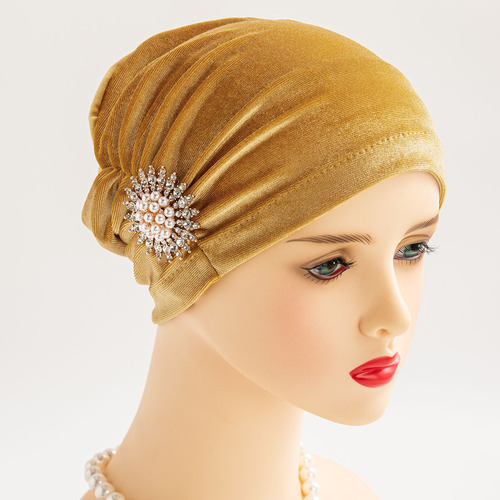 New Elegant Retro Korean Fleece Fabric Sparkling Pearl Sunflower Head Scarf Hat for Church Muslim Women Winter