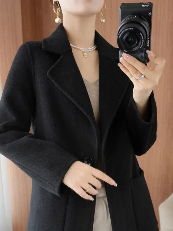2025 새로운 가을, 겨울 캐시미어 양면 코트 여성 짧은 버튼 다운 작은 양모 모직 코트