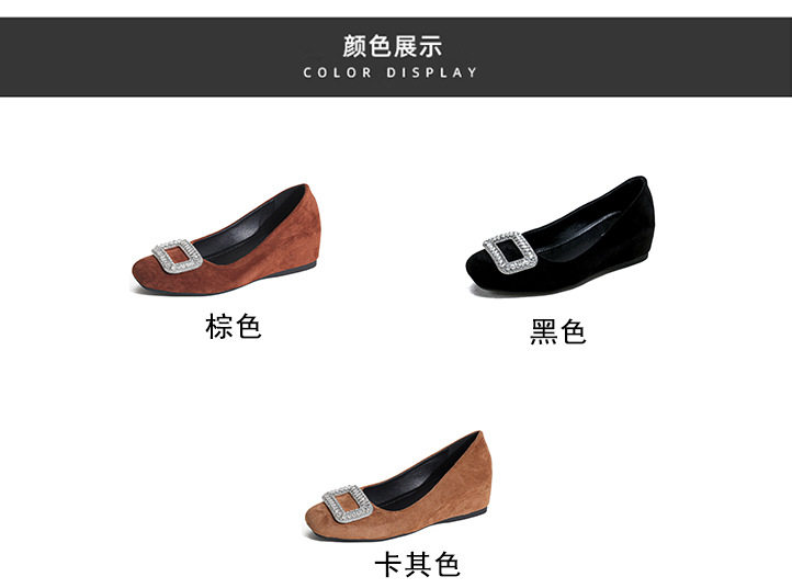 Giày búp bê nữ mũi vuông đính đá, da lộn, đế mềm độn trong, gót xuồng thấp — Màu kaki, Màu nâu, màu đen chi tiết 4