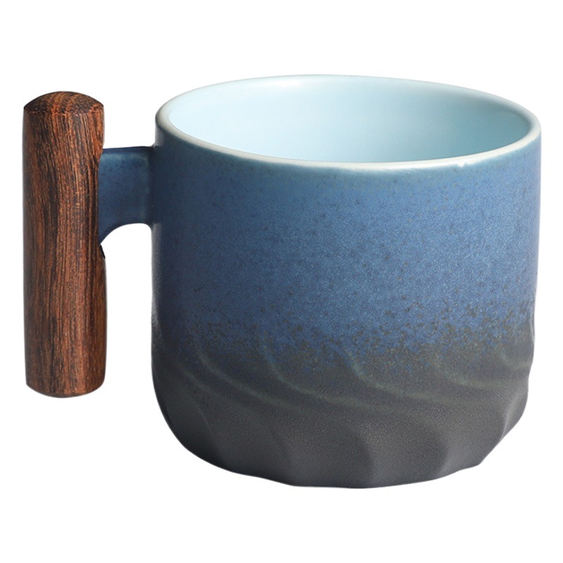 Mango de madera taza de café té taza de té gradiente esmalte exquisita cerámica pequeña taza de regalo caja de regalo traje al por mayor