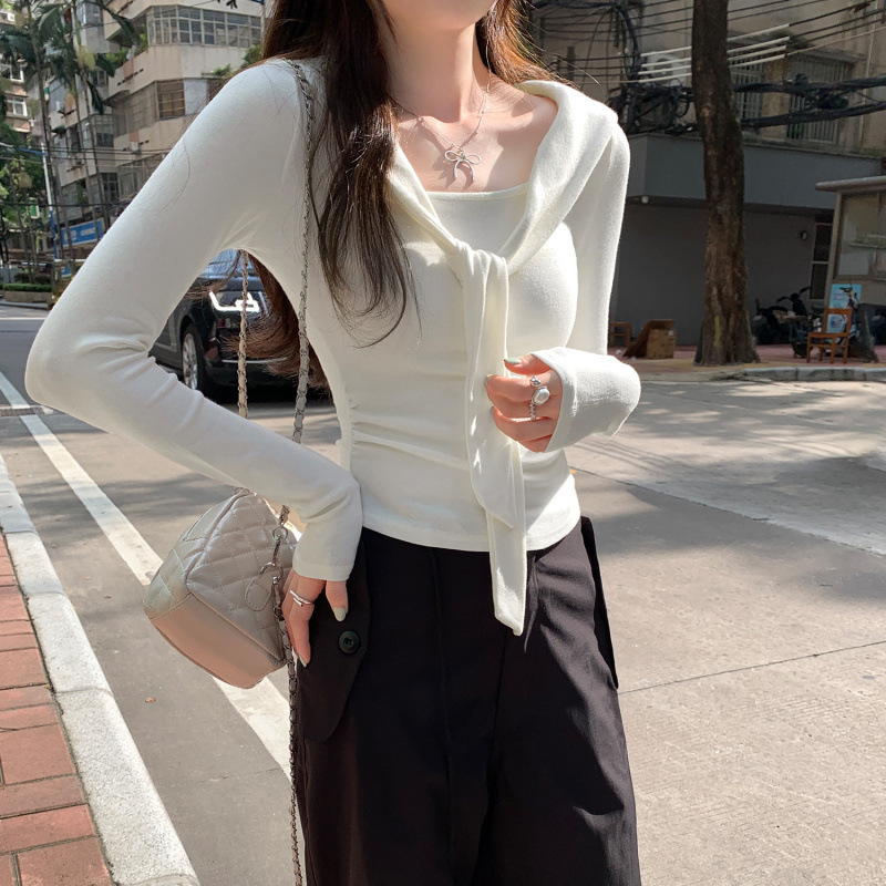 Niche Design Navy Collar Shawl Long-Sleeved T-Shirt for Women 2025 Early Autumn New Pleated Waist Beautiful Top