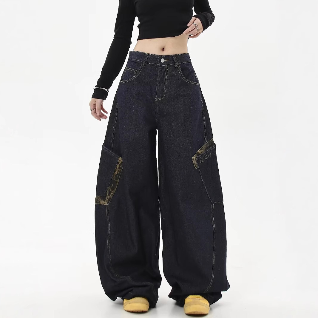 American Style Retro Niche Dressed Wide Leg Jeans Women's Autumn and Winter New Loose Slimming Leopard Print Stitching Machete Pants
