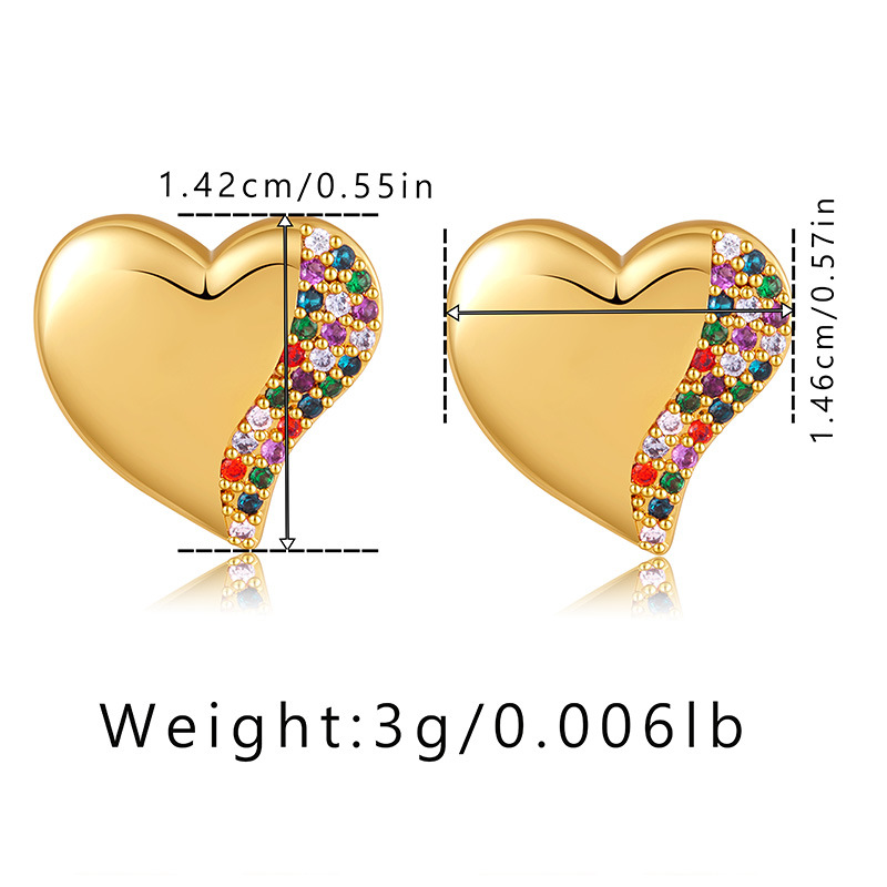 5g Weight 1 Pair Sweet Heart Shape Inlay Copper Zircon 18K Gold Plated Ear Studs